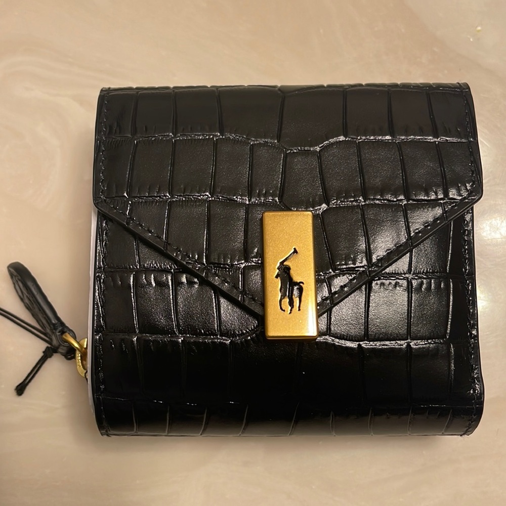 Polo Ralph Lauren ID  Leather Compact Wallet Women Leather Black Wallet New